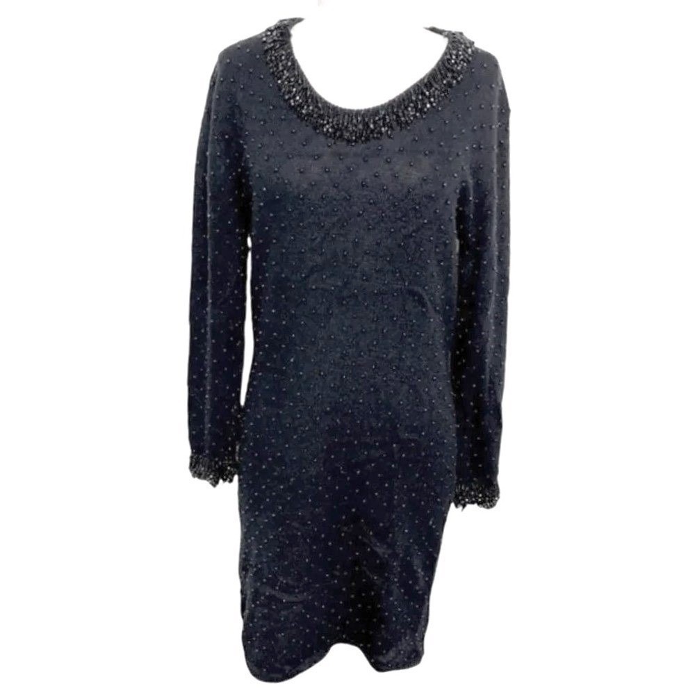 Anne Klein Knitwear M Black Beaded Sweater Dress Long Sleeve Cocktail Party Y2K